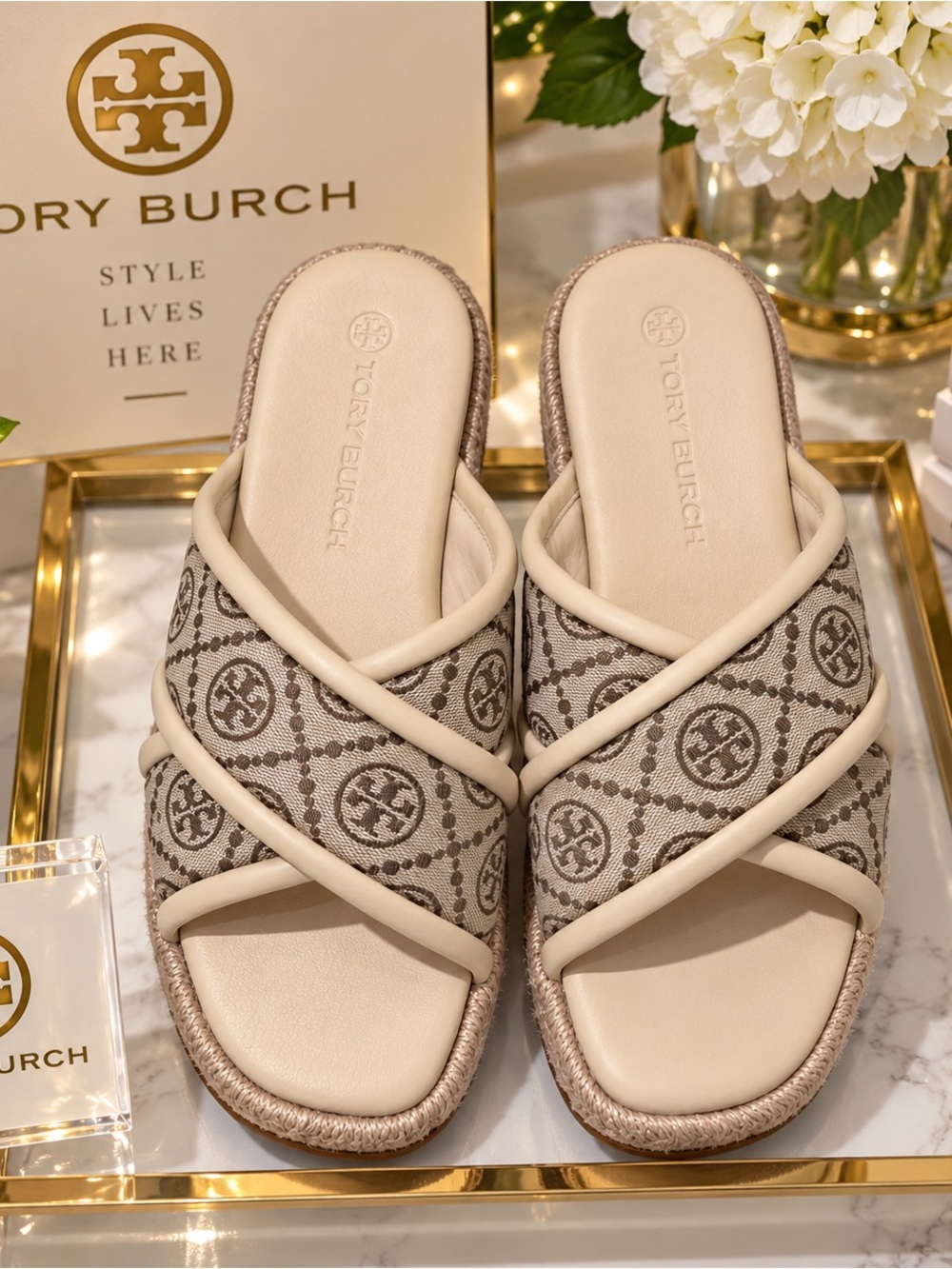 Tory Burch Neutral Logo-Print Crisscross Slide Sandals